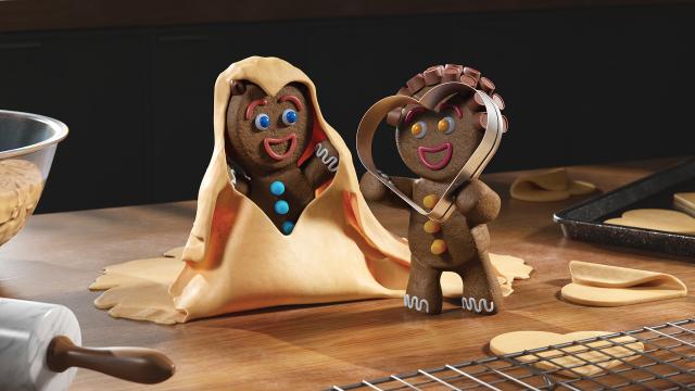 Gingerbread characters cutting out sugar cookie dough